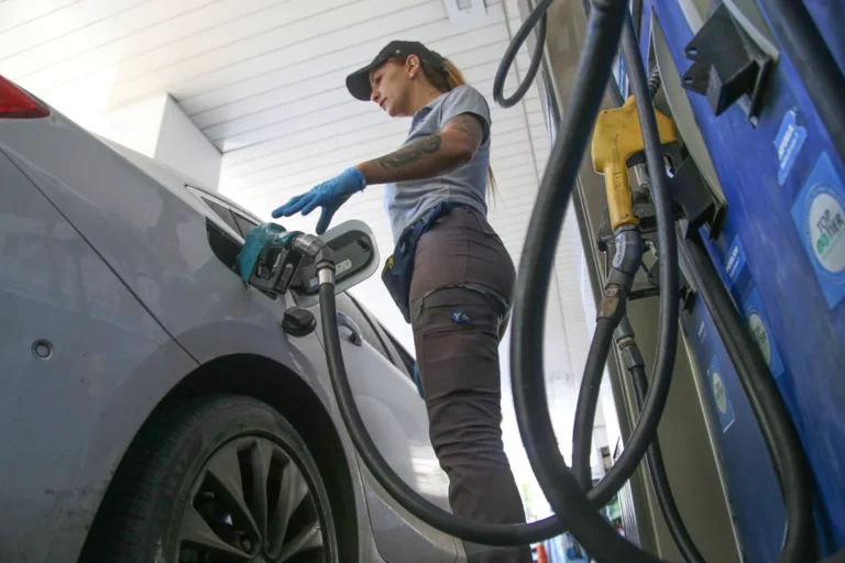 Gráfico de ventas de combustible en una estación de servicio con bandera argentina.