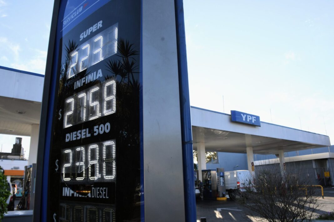 Gráfico ilustrativo de precios en alza junto a productos de supermercado y una bomba de combustible.