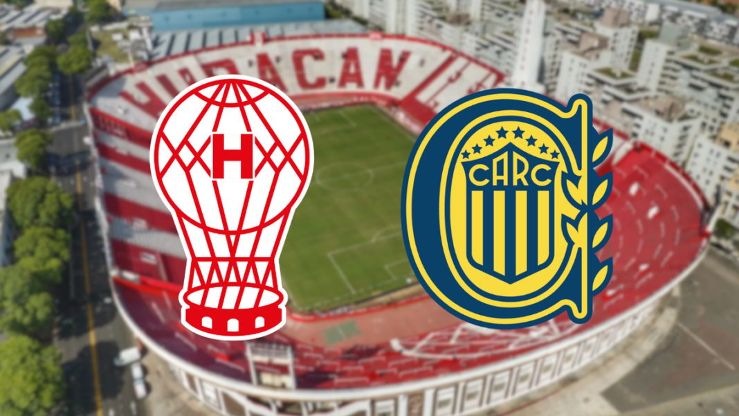 Escudos de Huracán y Rosario Central enfrentados, representando el partido de la fecha 14 del Torneo Apertura 2026.