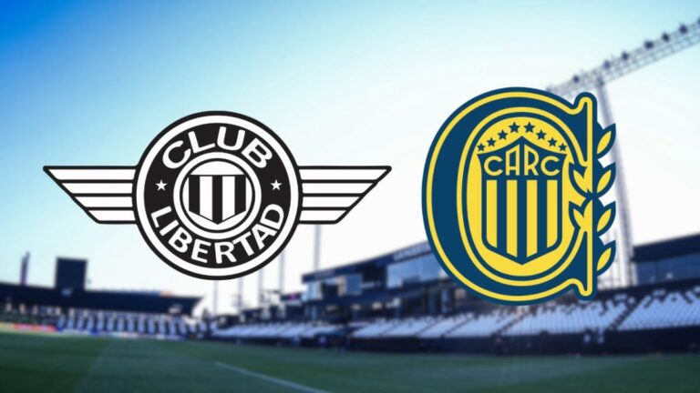 Escudo de Rosario Central y escudo de Libertad de Paraguay separados por un balón de la Copa Libertadores.