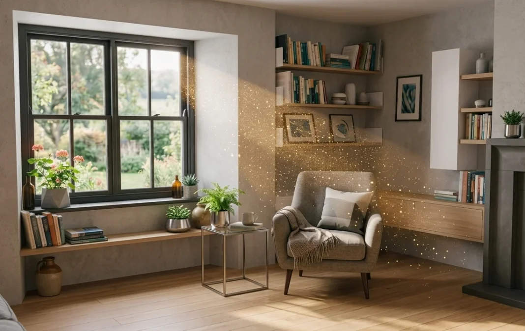 Ilustración de una casa con partículas de microplásticos en el aire interior y elementos como textiles y electrodomésticos.