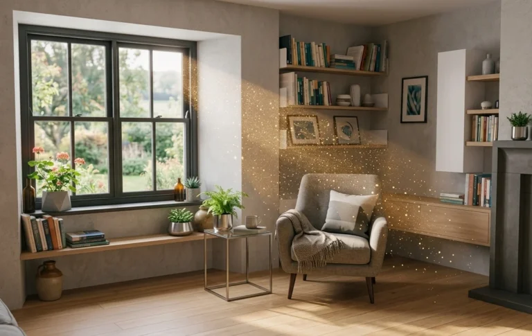 Ilustración de una casa con partículas de microplásticos en el aire interior y elementos como textiles y electrodomésticos.