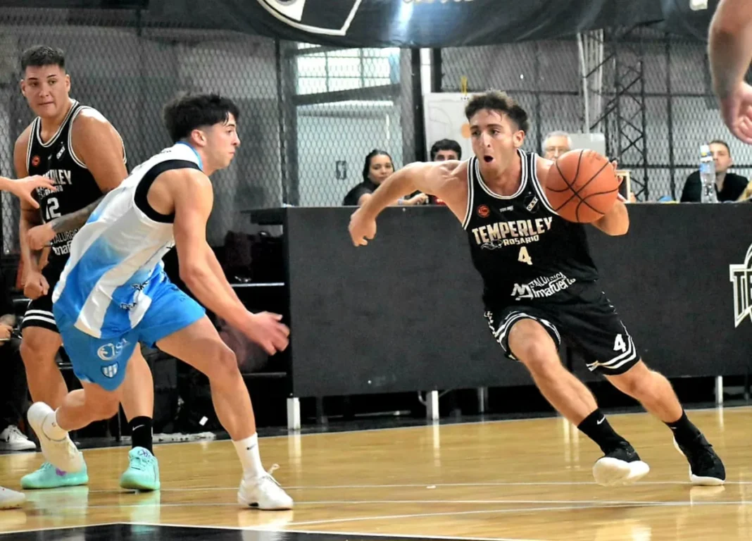 Ilustración de un partido de básquet de la Liga Federal, con referencia a Temperley y Olimpia.
