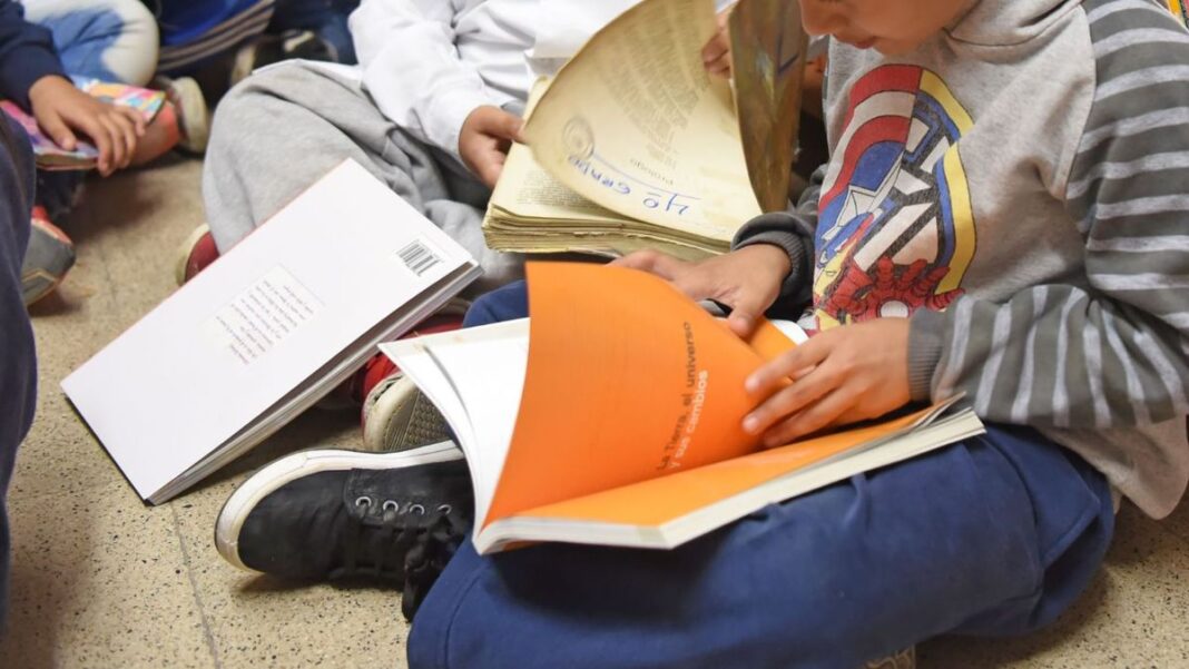 Niño leyendo un libro en un aula de Santa Fe, campaña de alfabetización #QueEntiendanLoQueLean