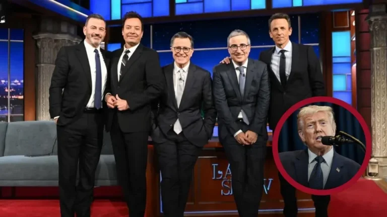Jimmy Kimmel, John Oliver, Seth Meyers y Jimmy Fallon en el sillón de The Late Show con Stephen Colbert