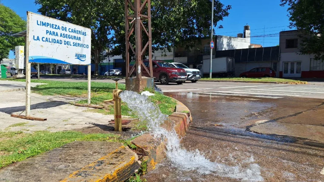 Operario de Aguas Santafesinas realizando purgado en hidrante de Granadero Baigorria