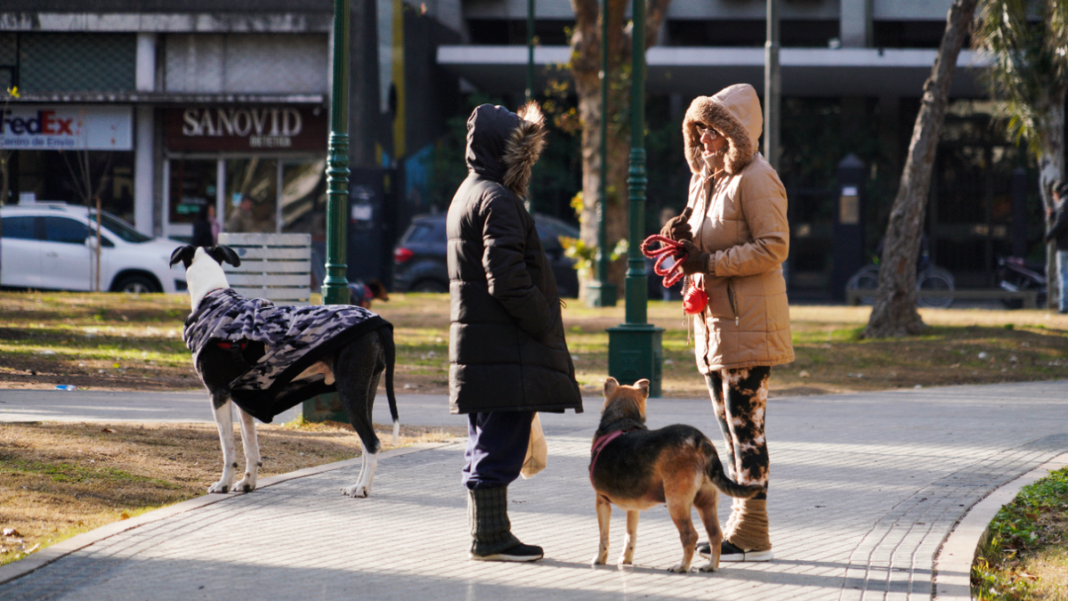 Personas abrigadas caminando por la calle en Santa Fe durante un día frío