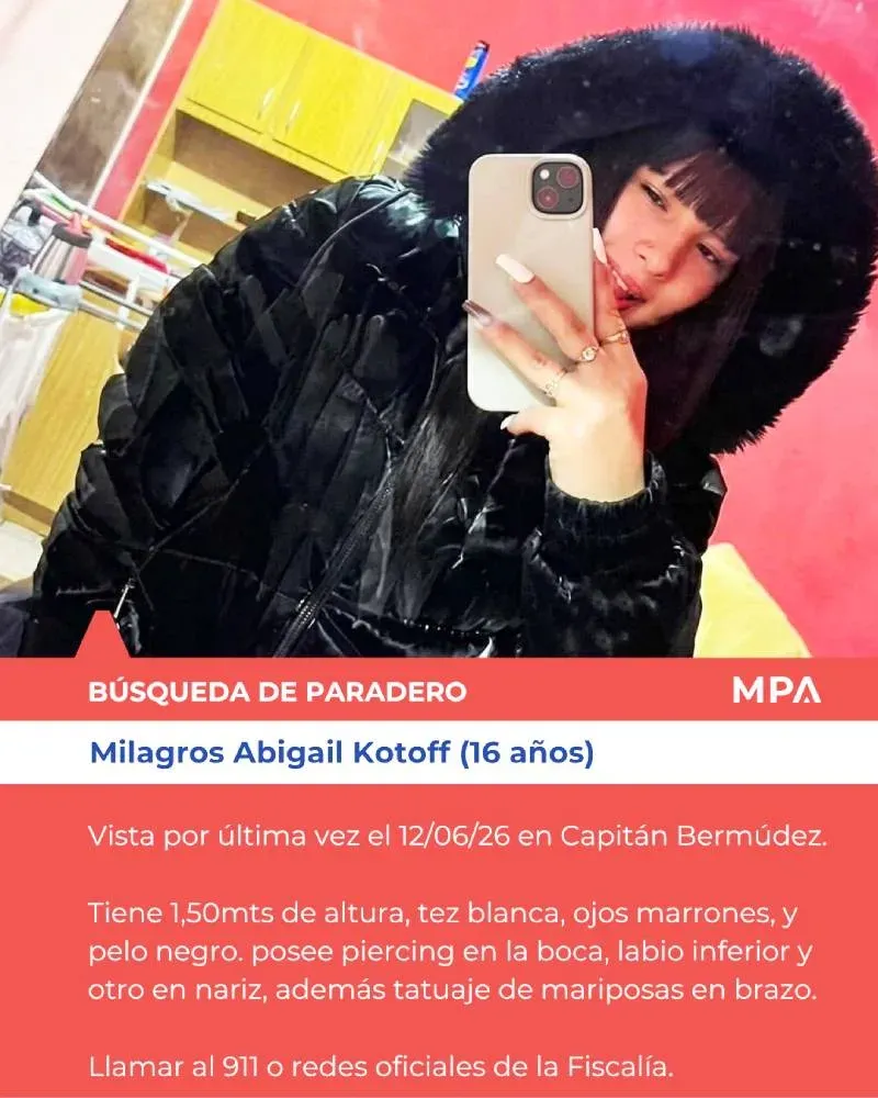 Fotografía de Milagros Abigail Kotoff, adolescente de 16 años buscada en Capitán Bermúdez