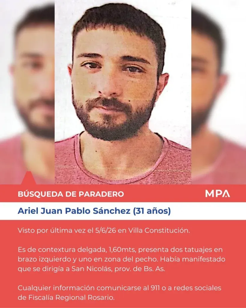 Imagen de búsqueda de Ariel Juan Pablo Sánchez, desaparecido en Villa Constitución