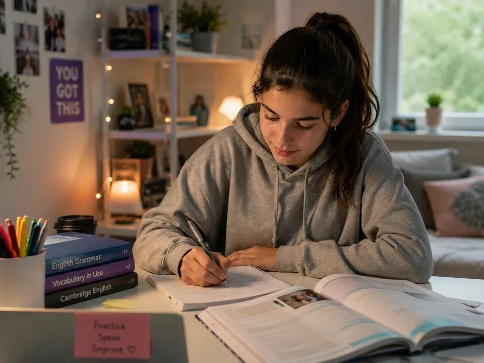Estudiante usando inteligencia artificial en una computadora para aprender inglés