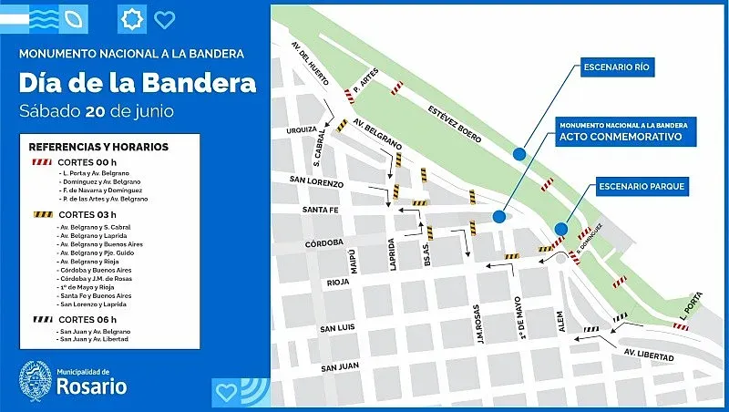Mapa de cortes de calle en Rosario por el acto del Día de la Bandera