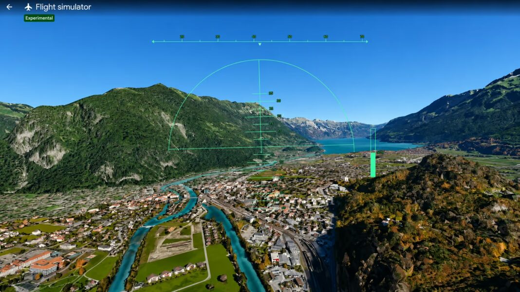Captura de pantalla del simulador de vuelo de Google Earth Web mostrando una vista aérea de una ciudad con edificios en 3D