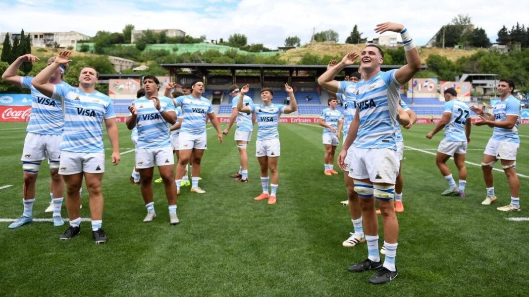 Los Pumitas celebran un try durante el partido contra Estados Unidos en el Mundial Juvenil de Georgia