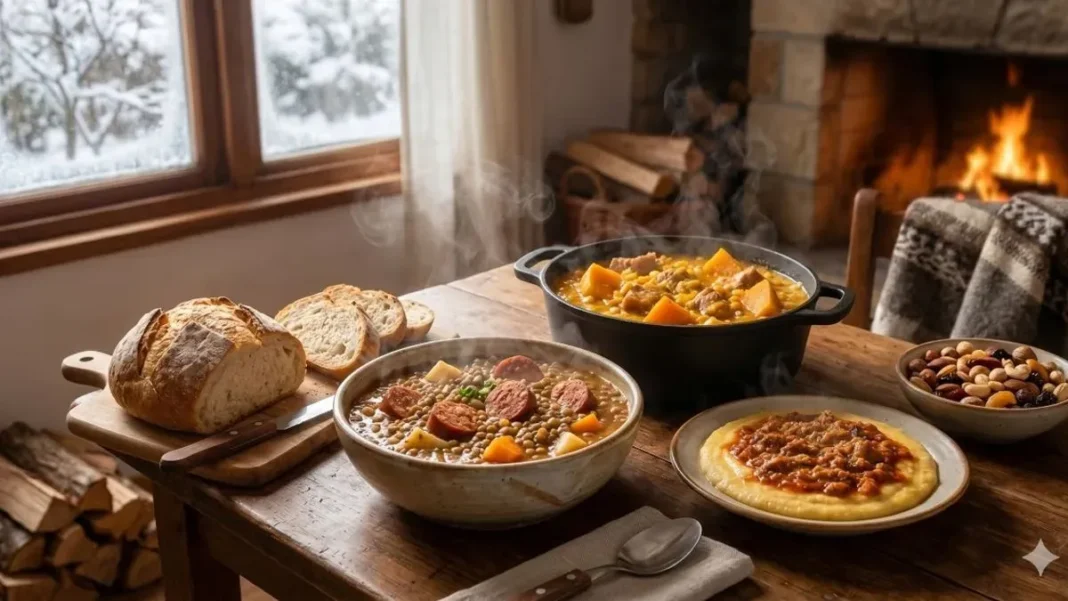 Plato de guiso de lentejas con vegetales y carne, ideal para combatir el frío durante una ola polar
