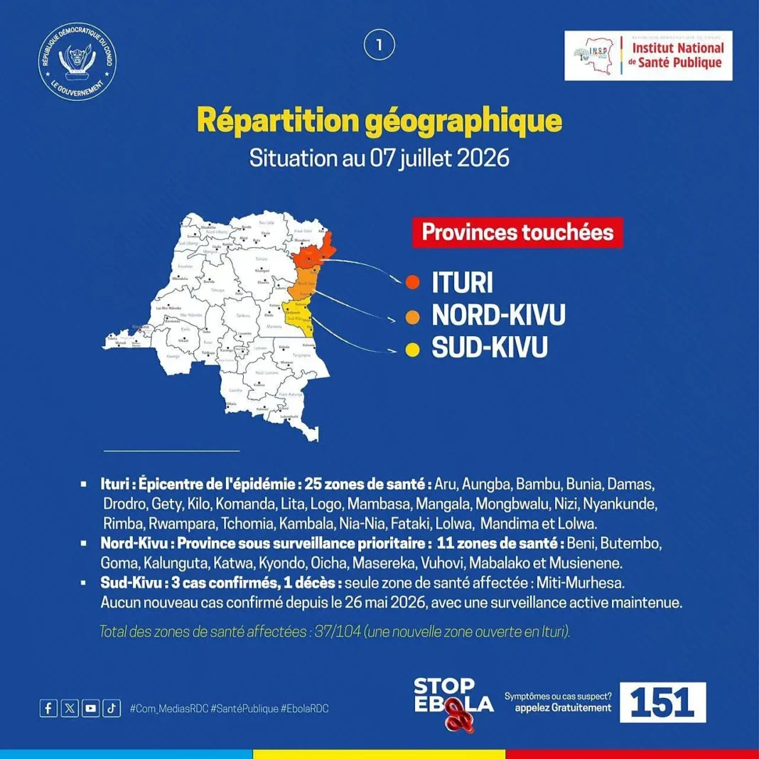 Mapa de la República Democrática del Congo con las provincias afectadas por el brote de ébola