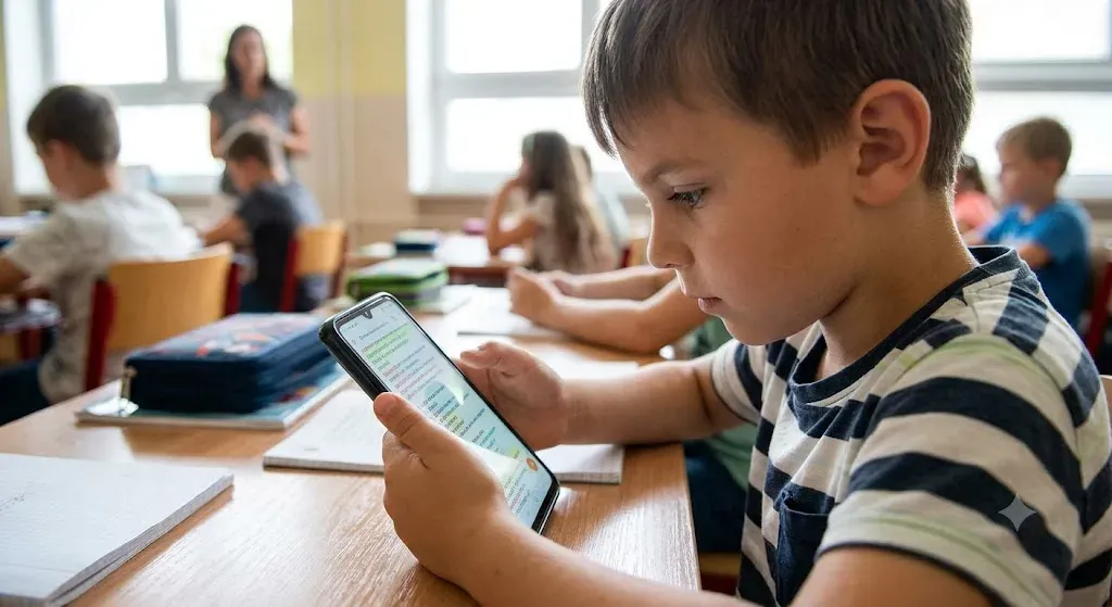 Niño de 8 años usando un teléfono celular en un aula escolar