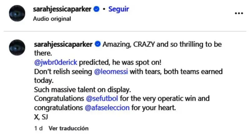 Sarah Jessica Parker en el estadio durante la final del Mundial 2026