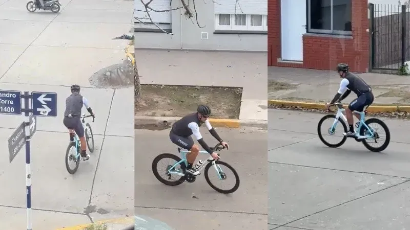 Lionel Scaloni en bicicleta por las calles de Casilda