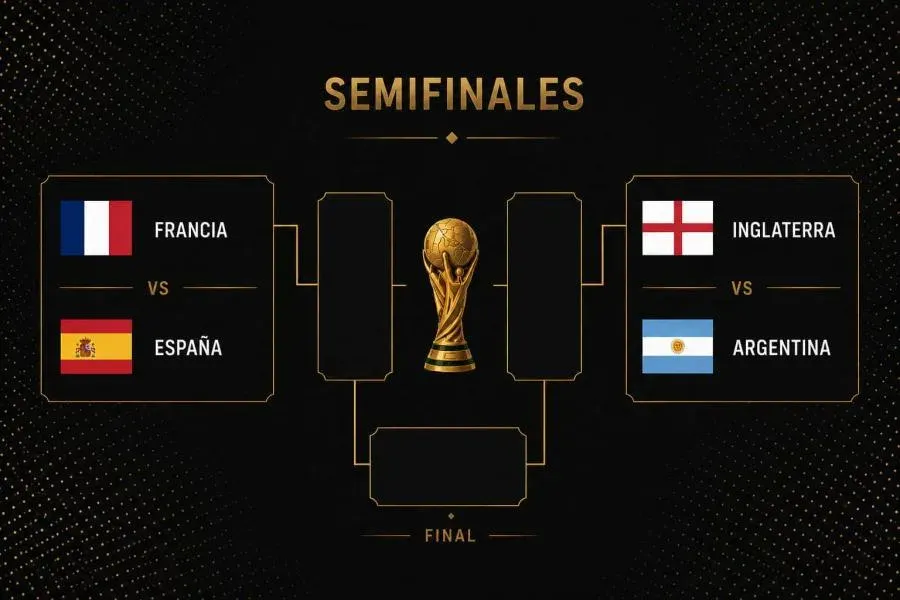 Escudos de las selecciones de Francia, España, Inglaterra y Argentina en las semifinales del Mundial 2026