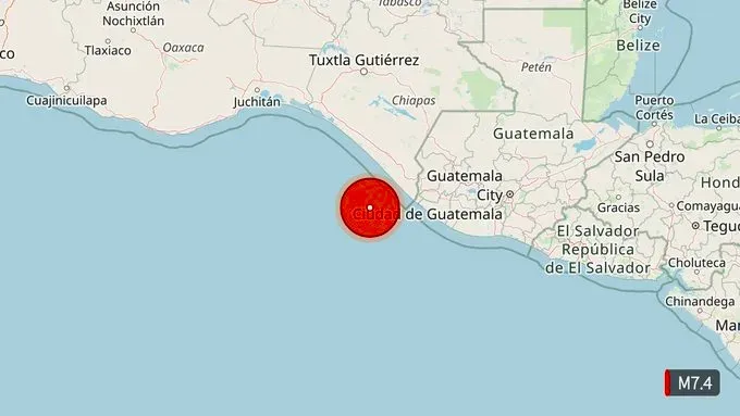 Mapa del epicentro del sismo en el sur de México, cerca de la frontera con Guatemala