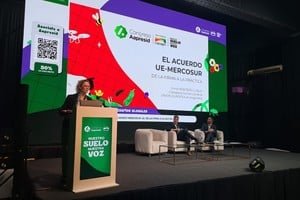 Funcionarios y moderador en el panel sobre el acuerdo Mercosur-UE en el Congreso de Aapresid