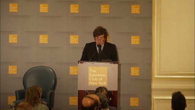 Javier Milei durante su exposición en el Economic Club de Nueva York
