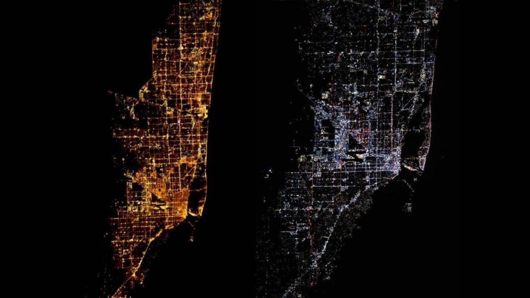 Comparación de imágenes de Miami desde el espacio en 2012 y 2025 mostrando cambio de iluminación