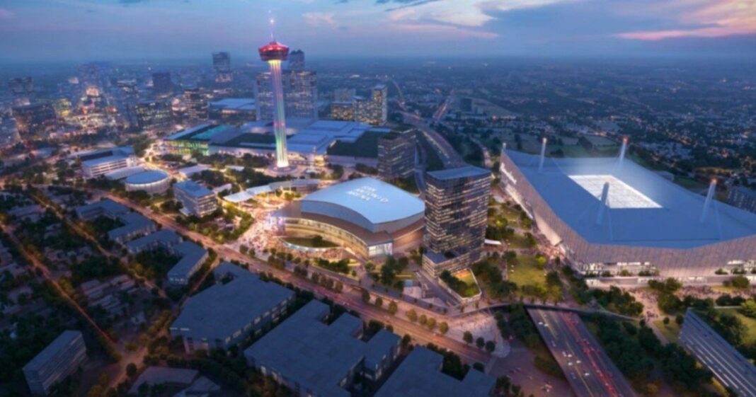 Vista aérea del centro de San Antonio con el Alamodome y el área del nuevo estadio de los Spurs