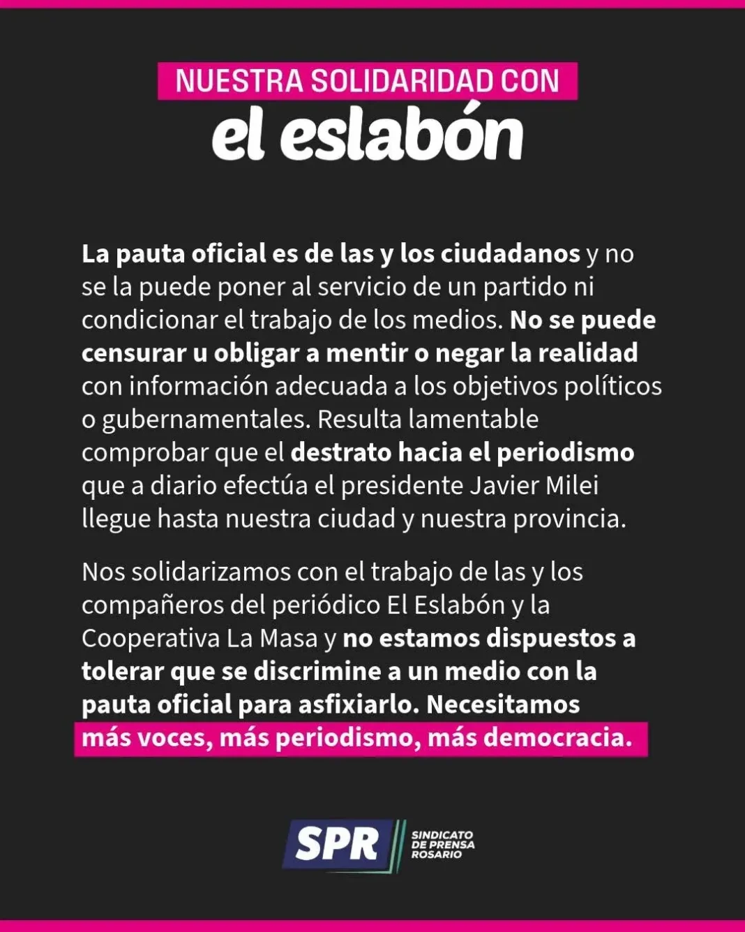 Sindicato de Prensa Rosario se solidariza con El Eslabón