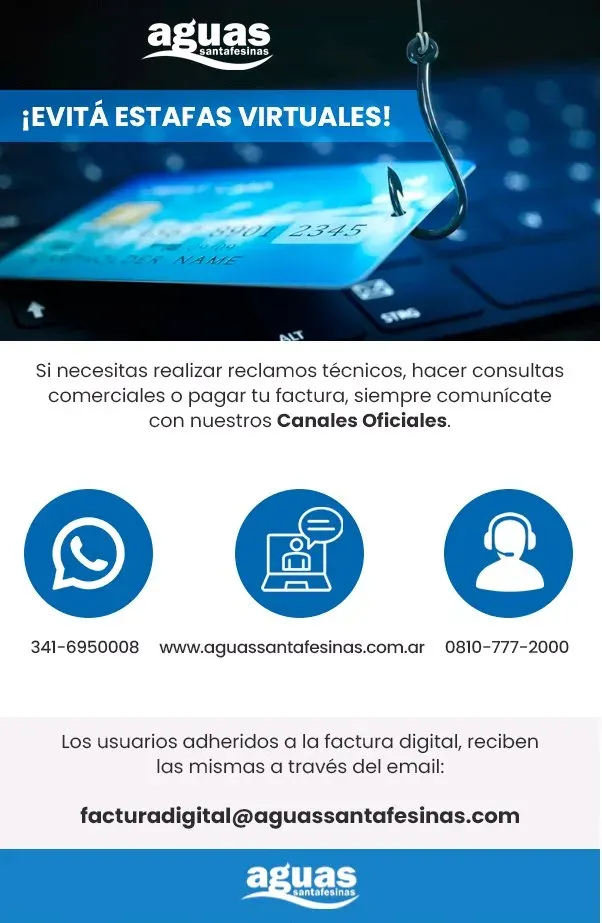 Logo de Aguas Santafesinas con advertencia sobre estafas virtuales