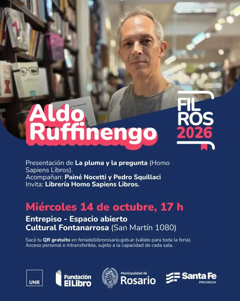 Aldo Ruffinengo presentando su libro La pluma y la pregunta en la Feria del Libro de Rosario