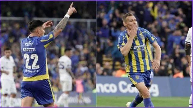 Marco Ruben abrazado con Ángel Di María durante la goleada de Central ante Independiente Rivadavia