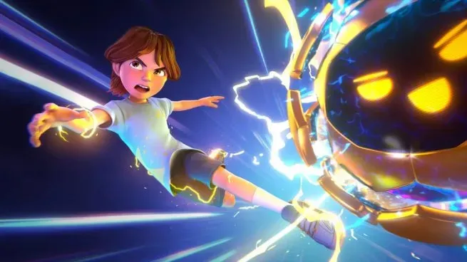Logo de Disney+ junto al título de la serie animada Messi y los gigantes