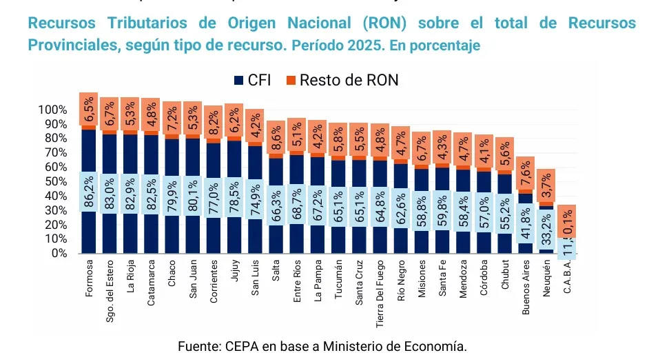 Gráfico de recursos provinciales y fondos nacionales según informe de Cepa