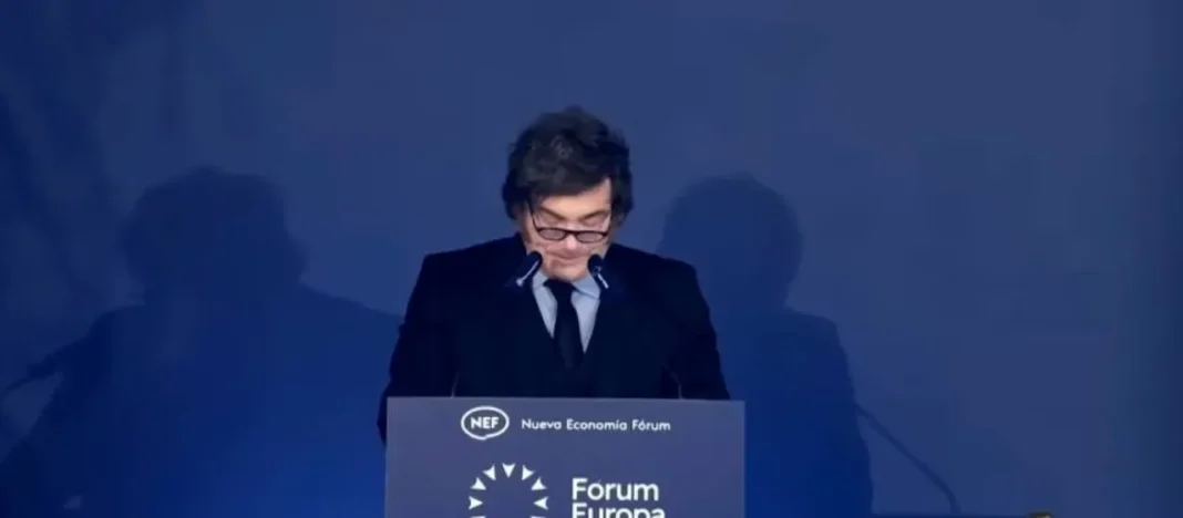 Javier Milei durante su discurso en el Nueva Economía Forum en Madrid