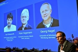 Retrato de los científicos Karl Deisseroth, Peter Hegemann y Georg Nagel, galardonados con el Nobel de Medicina 2026