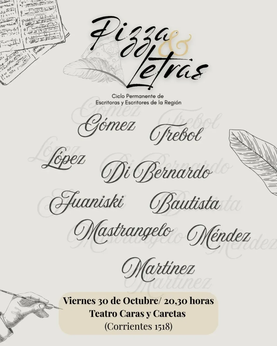 Poetas y narradores durante una lectura del ciclo Pizza & Letras en Rosario